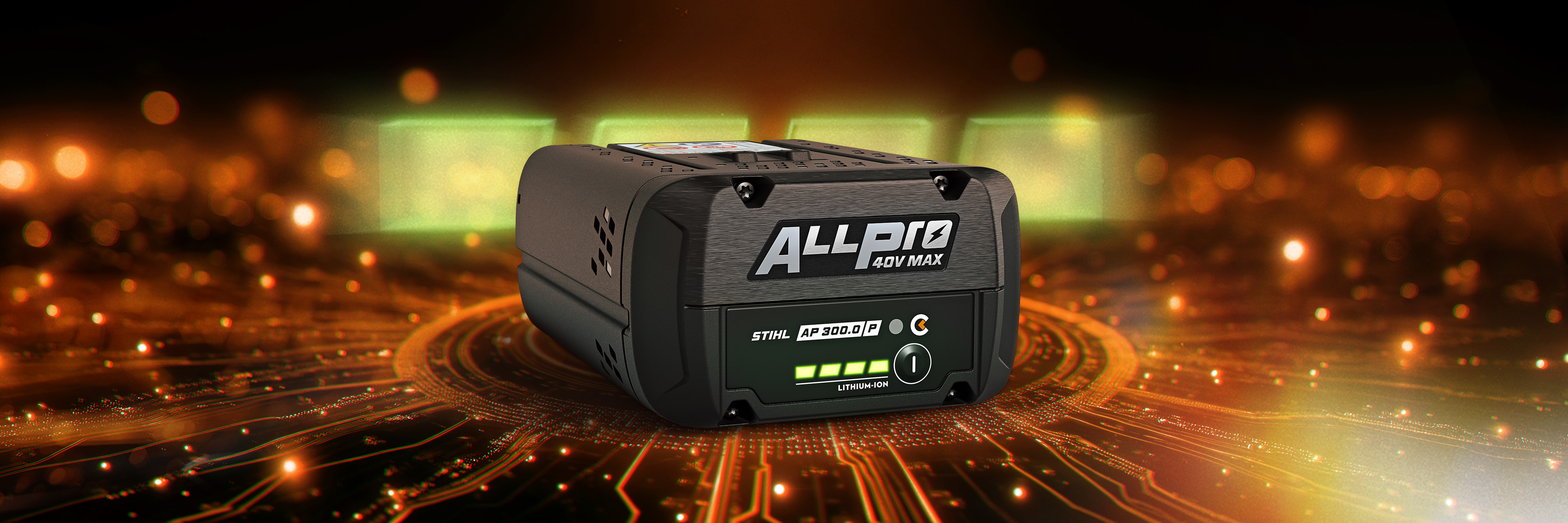STIHL ALLPRO AP 300 P C battery placed on a glowing circuit-board background with the STIHL battery logo in the corner.